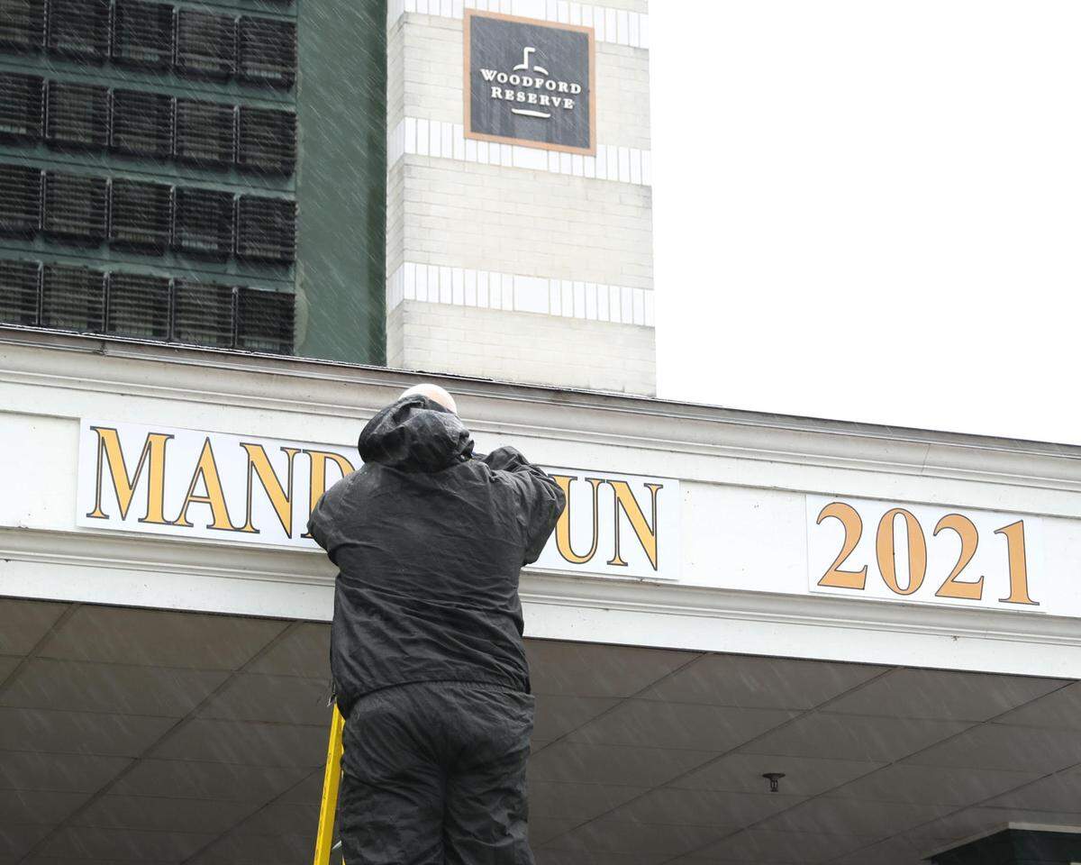 A sign was installed at Churchill Downs recognizing Mandaloun as the winner of the 2021 Kentucky Derby.