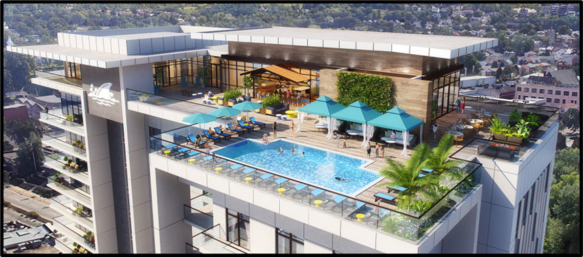 A rendering of the rooftop pool and bar at Margaritaville Resort Hotel coming to Newport on the Levee.