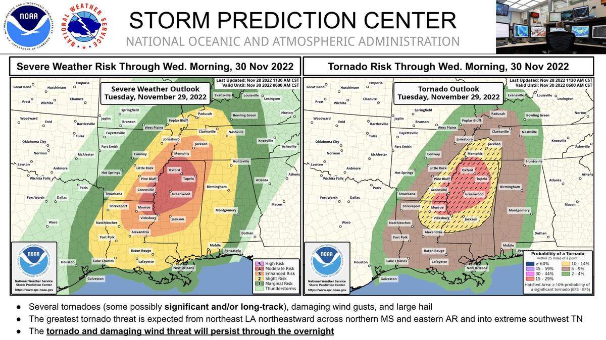 A graphic displaying the areas included in a severe weather outlook from the National Weather Service, effective November. 29. The most favorable area for tornadoes includes the lower Mississippi Valley. 