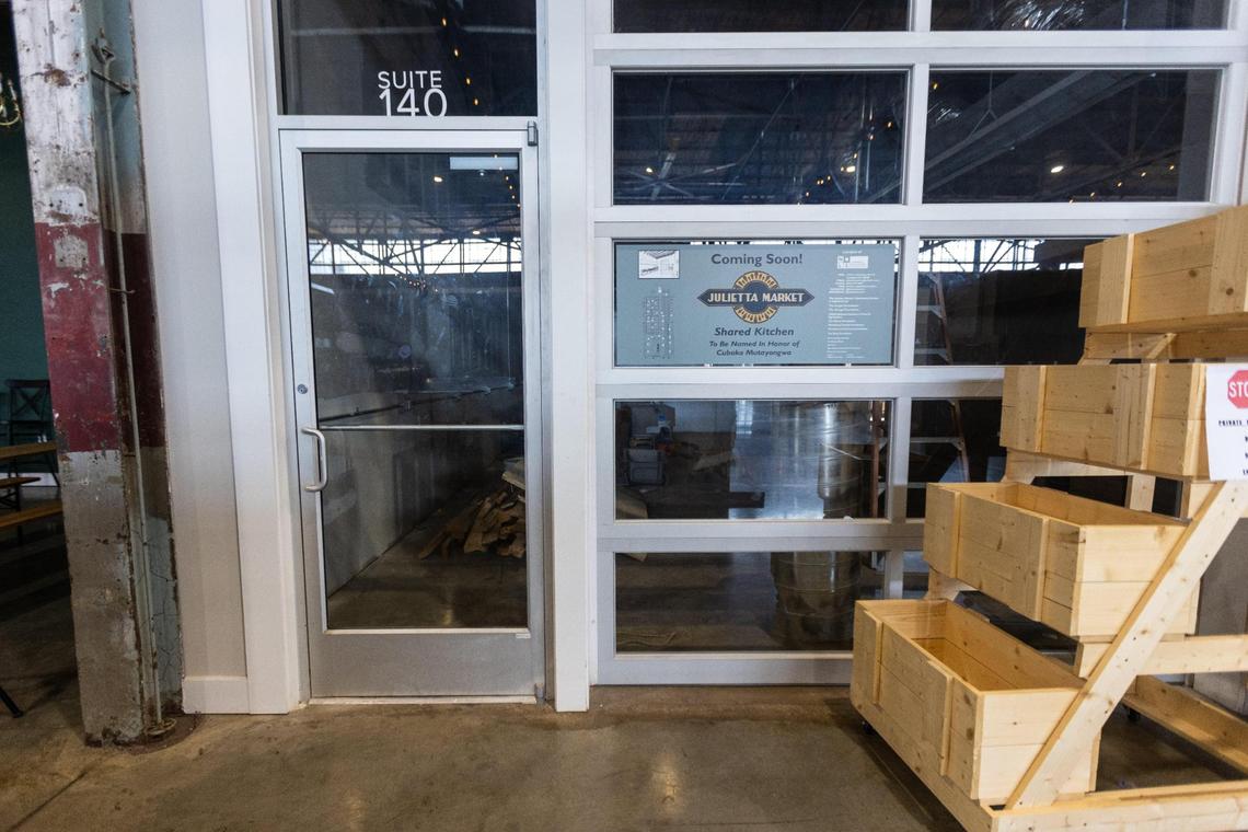 A shared kitchen space still under construction within Julietta Market at Greyline Station on the corner of Limestone and Loudon.