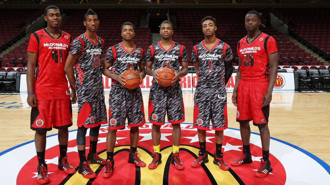From left: McDonald's All-Americans Dakari Johnson, Marcus Lee, Andrew Harrison, Aaron Harrison, James Young and Julius Randle have all signed to play for the University of Kentucky.