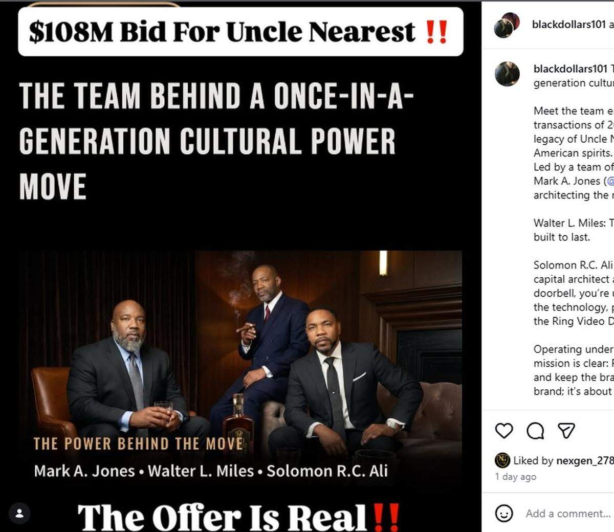 A post on Instagram identifies the “team behind the $108m bid for Uncle Nearest” as including Mark A. Jones, Walter L. Miles and Solomon R.C. Ali.