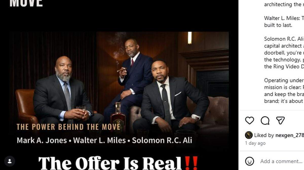 A post on Instagram identifies the “team behind the $108m bid for Uncle Nearest” as including Mark A. Jones, Walter L. Miles and Solomon R.C. Ali. Ali has faced serious SEC scrutiny.