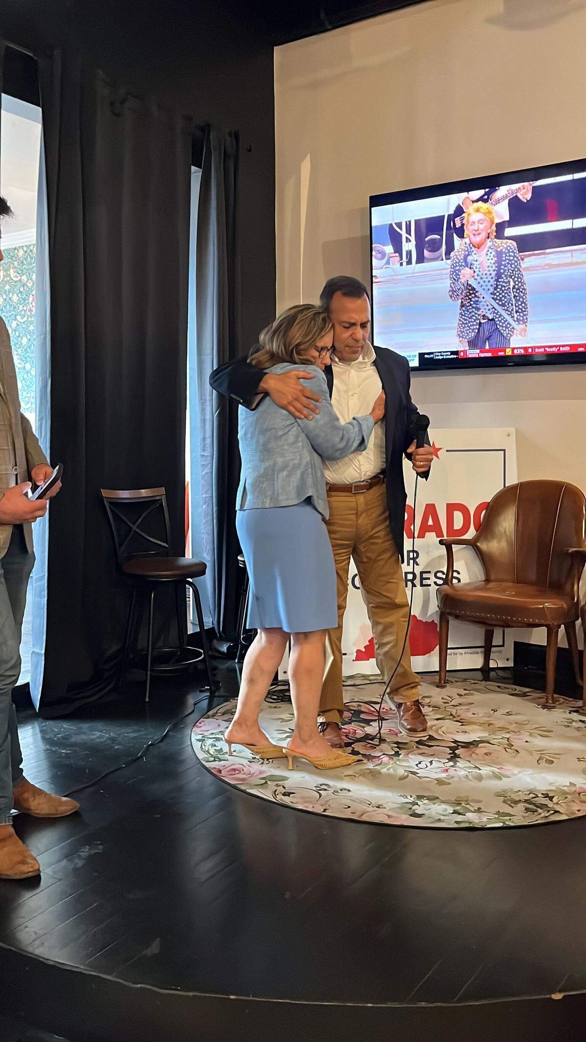 Ralph Alvarado, who won the Republican primary for the Kentucky 6th Congressional District on Tuesday, May 19, 2026, hugs his wife Dawn in Winchester.