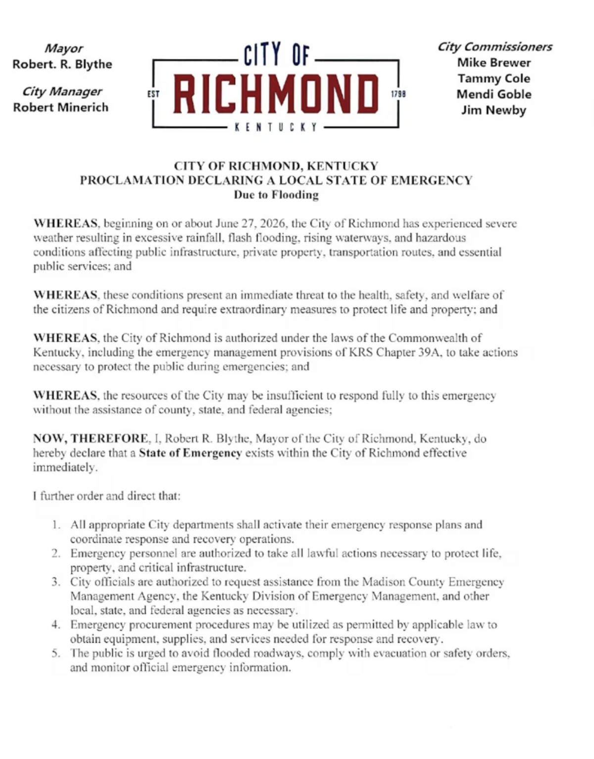 State of Emergency Proclamation Document
