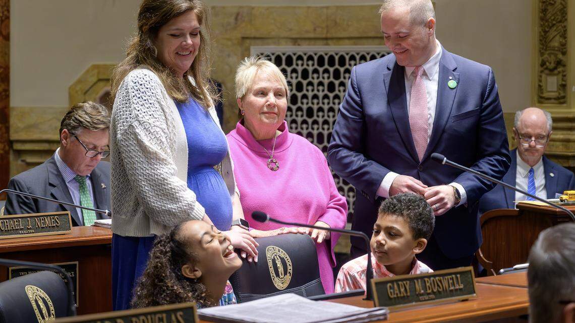 Sen. Whitney Westerfield’s family came to Frankfort for the day his work was honored in the Senate before his retirement. From left, wife, Amanda Westerfield, mother, Genia Westerfield, Whitney Westerfield, and children, Hadley and Hayes.