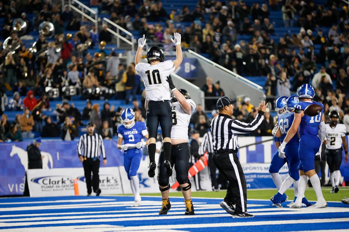 Boyle County’s Avery Bodner (10) celebrates scoring a touchdown against Covington Catholic at Kroger Field on Friday night. Bodner rushed for 76 yards and two touchdowns on offense and recorded two sacks on defense for the undefeated Rebels.