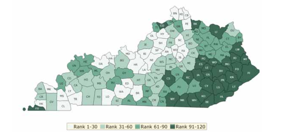 Eastern Kentucky showed up as relatively less healthy in a March 19, 2019 report that compared health outcomes among counties. This map divides the state into four groups; the darker the color, the less healthy the county overall.