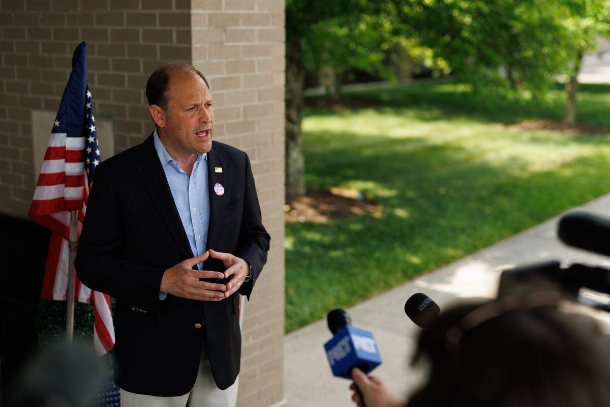 LEXINGTON, KENTUCKY - MAY 19: Kentucky U.S. Senate candidate Rep. Andy Barr (R-KY) speaks to media after casting his primary ballot at Centenary Church on May 19, 2026 in Lexington, Kentucky. Barr is challenging Kentucky U.S. Senate candidate Daniel Cameron for the Republican nomination for U.S. Senate in Kentucky. (Photo by Brett Carlsen/Getty Images)