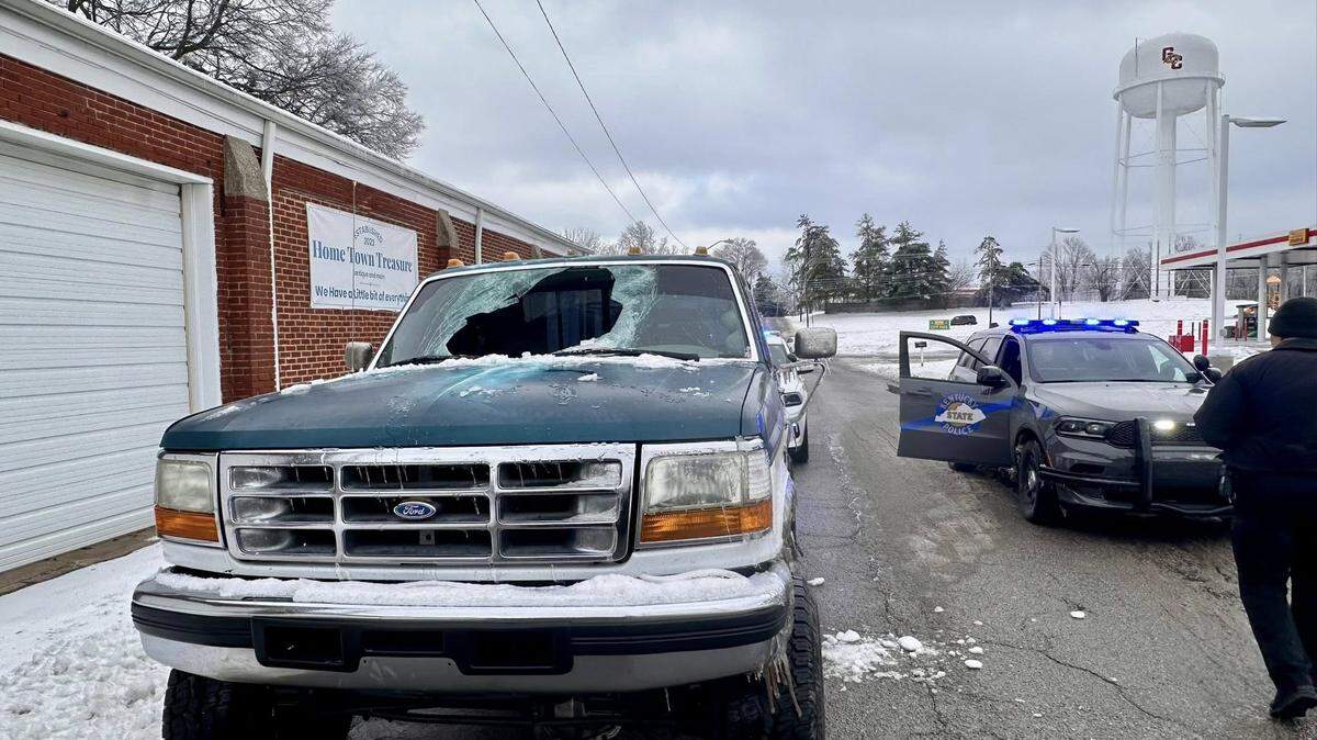 Kentucky State Police Trooper Justin Kearney shared images of a truck with a windshield broken by a chunk of ice that flew off another vehicle. He said no one was injured.