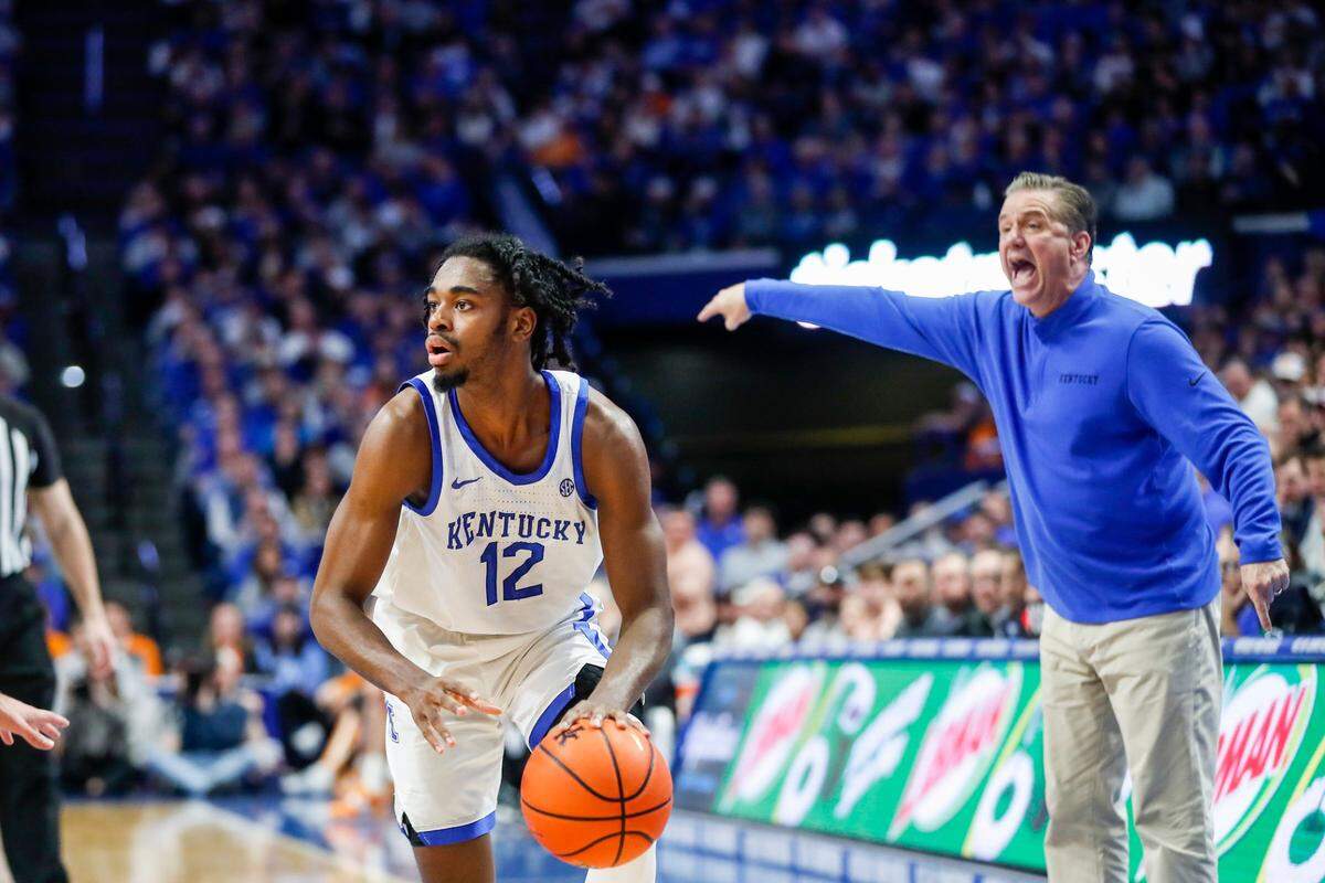 The news Wednesday that Kentucky guard Antonio Reeves (12) has returned to Lexington and plans to spend his super-senior season playing for the Wildcats in 2023-24 is a ray of sunshine in what has been a difficult offseason for UK head man John Calipari, right.