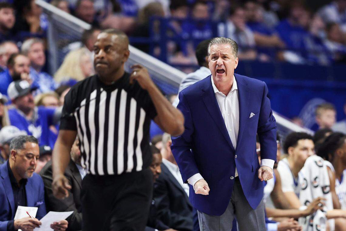 Kentucky head coach John Calipari yells at a referee after a call in Wednesday’s game against Vanderbilt. UK has won four straight games for the first time since early January.