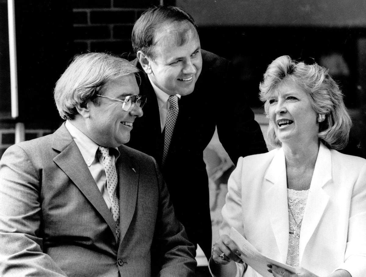 Don, right, and Dudley Webb chatted with Governor Martha Layne Collins prior to the opening ceremony for Festival Market, July 25, 1986. Photo by Frank Anderson | Staff