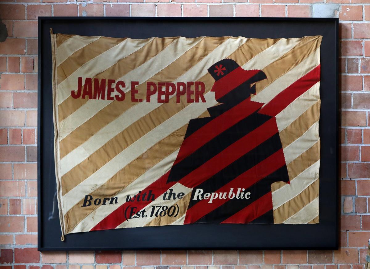A vintage flag from the distillery at James E. Pepper Distillery on Manchester Street. The flag flew over the distillery under Schenley when it was closed 60 years ago.