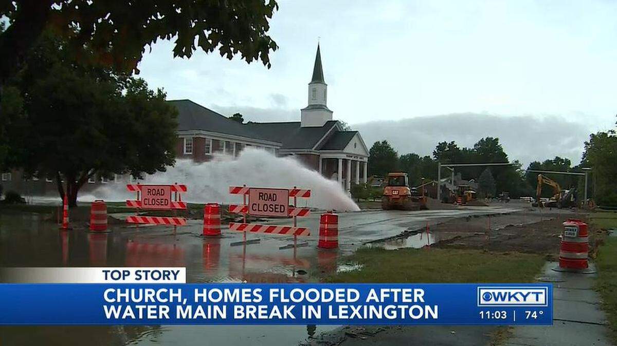 A water main break caused flooding at a church and nearby homes in Lexington, Ky., on Monday, July 18, 2022.