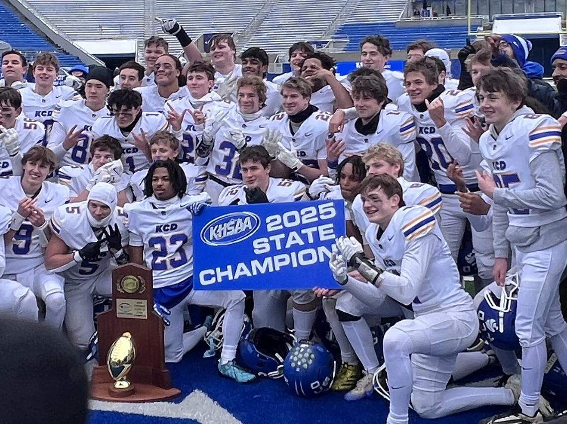 Kentucky Country Day celebrates its 20-16 win over Raceland in the 2025 Class A UK HealthCare Sports Medicine Football Finals championship game at Kroger Field on Friday.