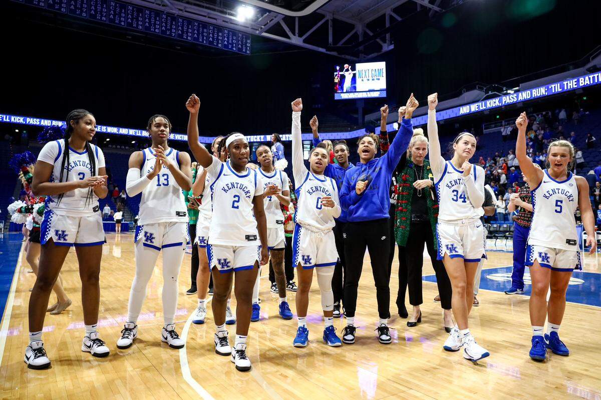The Kentucky women’s basketball team celebrates its 75-45 victory against Furman on Sunday at Rupp Arena.