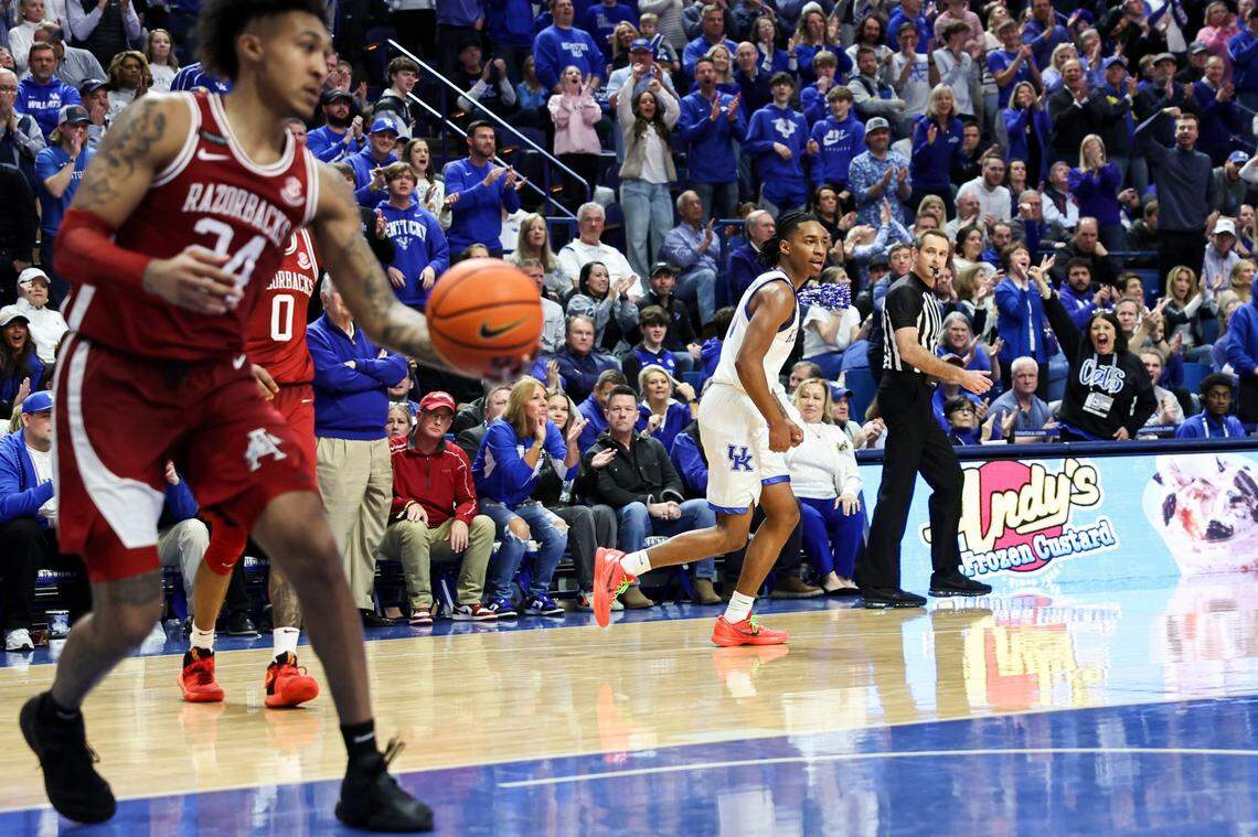 Kentucky guard Rob Dillingham reacts after scoring against Arkansas during Saturday’s game at Rupp Arena. He had 15 points and five assists in the Wildcats’ victory.