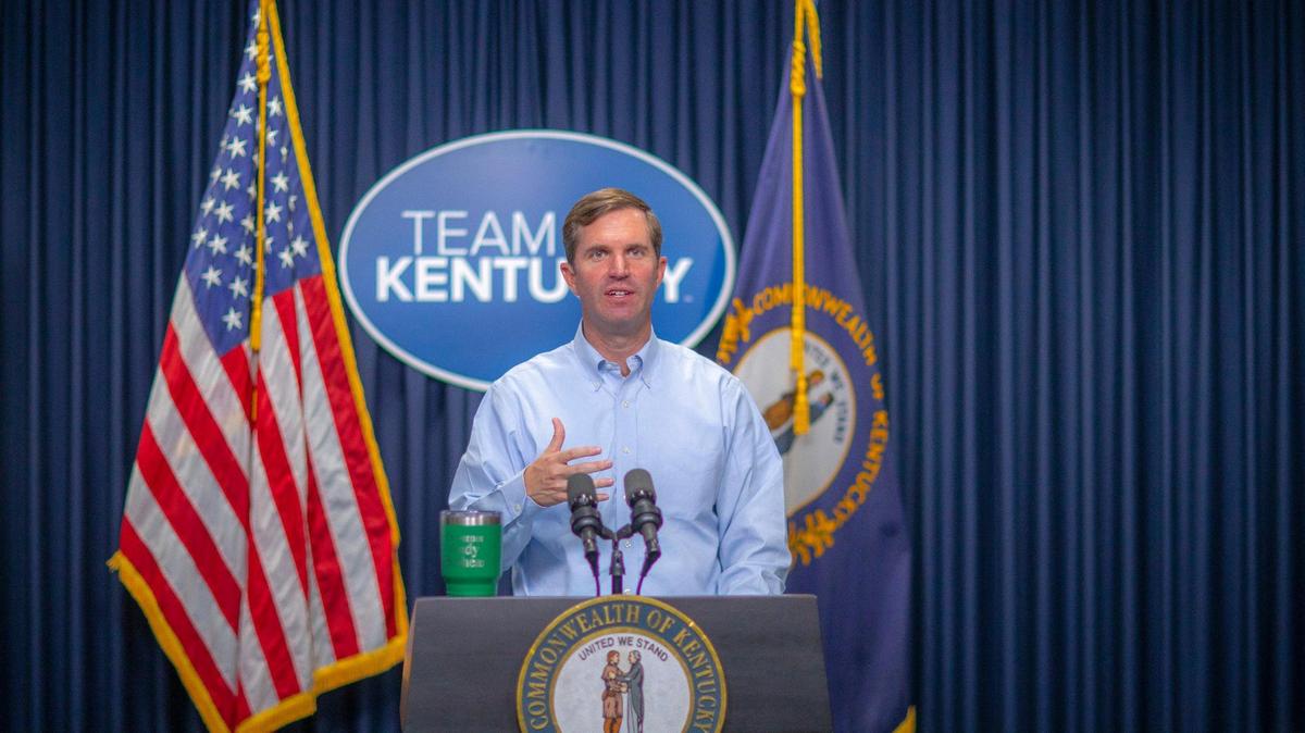 Kentucky Gov. Andy Beshear speaks during a media conference at the Kentucky state Capitol in Frankfort, Ky., on Monday, Nov. 22, 2021.