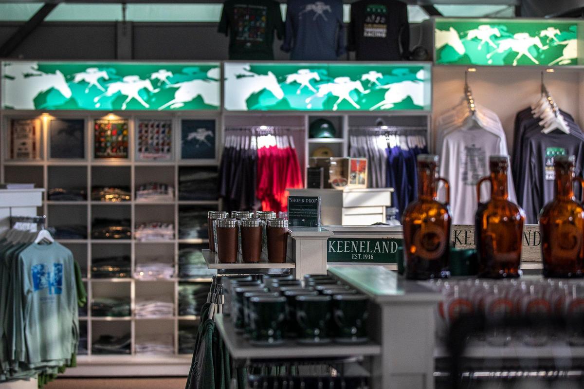 Keeneland merchandise for sale in a store on the first floor of the Paddock Chalet.