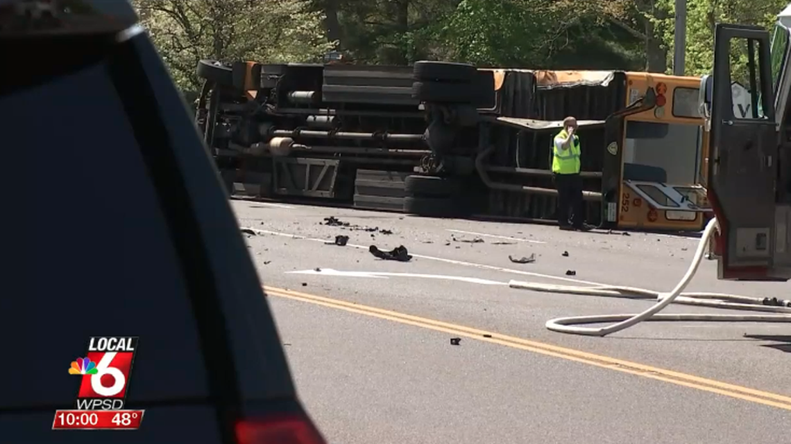 A Lone Oak Middle School bus tipped on its side after it was involved in a crash on Tuesday, April 26.
