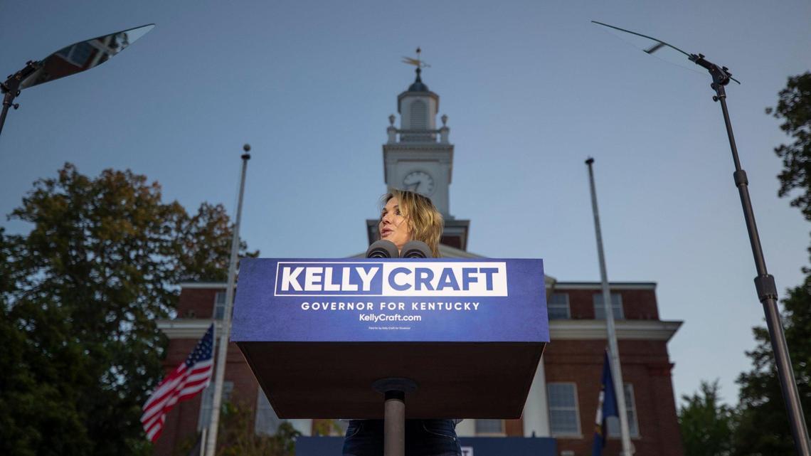 Kelly Craft speaks at her Campaign Kick Off for Governor of Kentucky outside the Barren County Courthouse in Craft’s hometown of Glasgow, Ky., on Tuesday, Sept. 13, 2022.