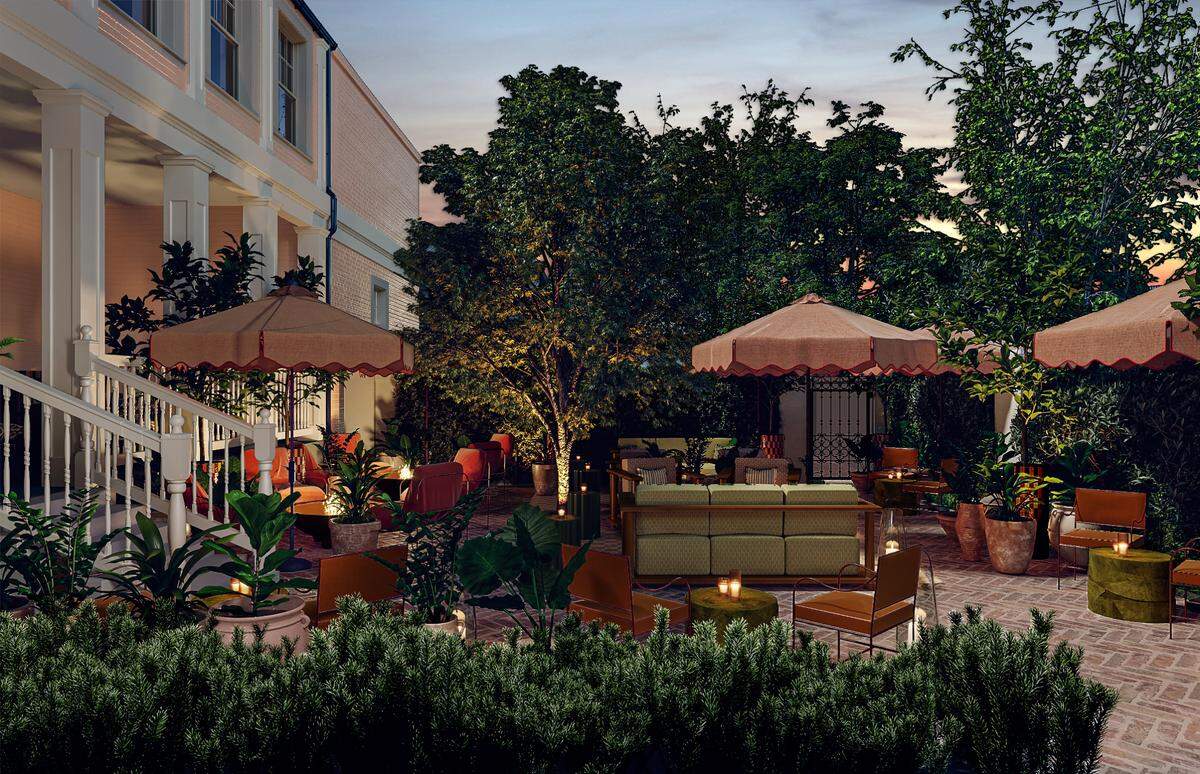 A rendering of the backyard area of the Camel Club, a new private dining and culture club on Main Street in Lexington’s Bell Court neighborhood.
