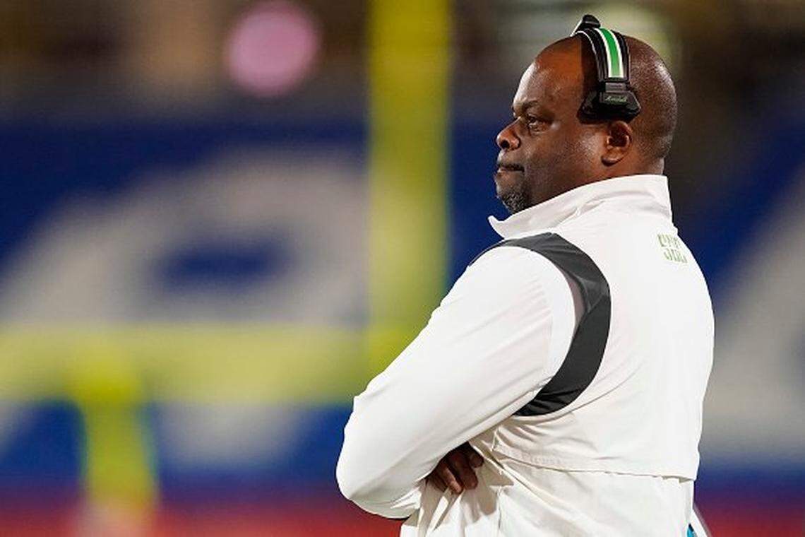 FRISCO, TEXAS - DECEMBER 19: Head coach Charles Huff of the Marshall Thundering Herd stands on the sideline during the first half of the Frisco Bowl against the UTSA Roadrunners at Toyota Stadium on December 19, 2023 in Frisco, Texas. (Photo by Sam Hodde/Getty Images)