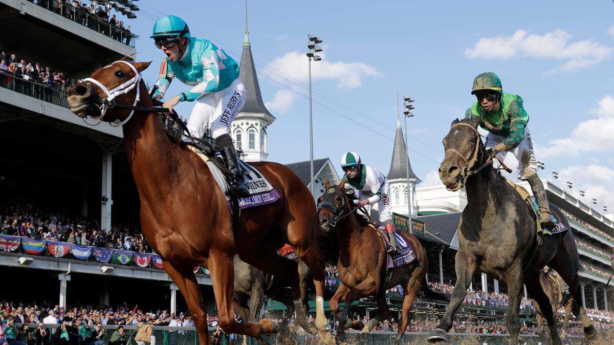 Florent Geroux, left, celebrated as he guided Monomoy Girl to victory in the Breeders’ Cup Distaff race at Churchill Downs. On Saturday, Monomoy Girl was announced as a finalist for the 2020 Horse of the Year Eclipse Award.