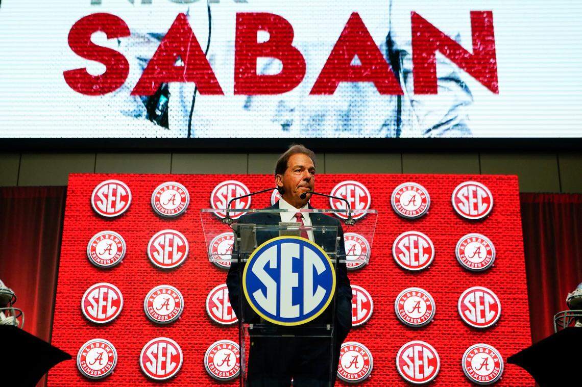 Alabama head coach Nick Saban speaks at the SEC’s media days on Tuesday in Atlanta.