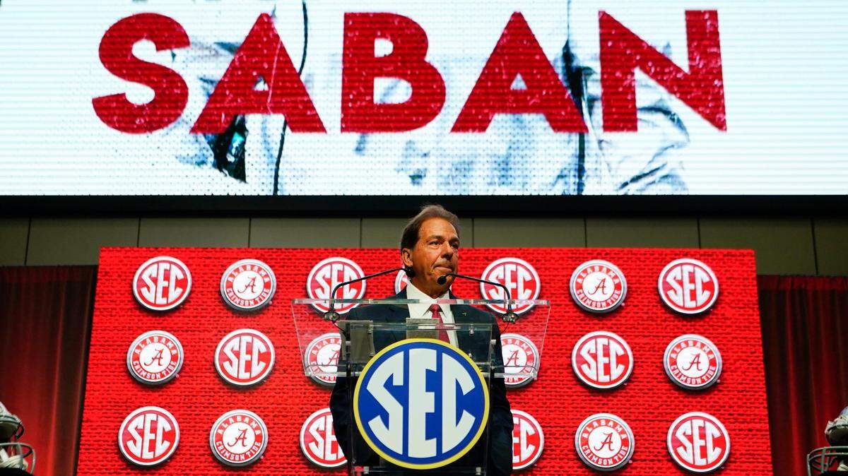 Alabama head coach Nick Saban speaks during NCAA college football Southeastern Conference Media Days Tuesday, July 19, 2022, in Atlanta. (AP Photo/John Bazemore)