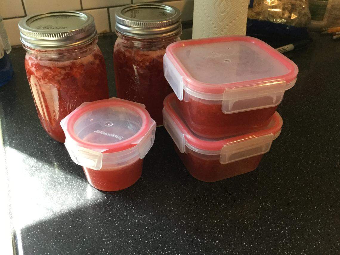 One quart of strawberries made this much freezer jam. You can make it in about a hour.