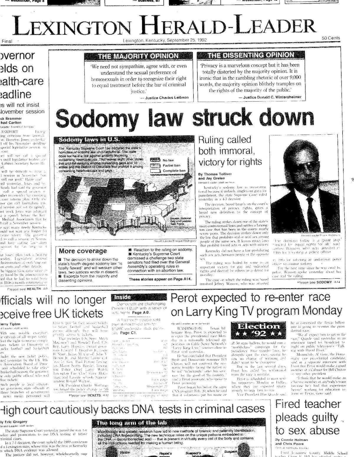 The front page of the Lexington Herald-Leader on September 25, 1992 when the Kentucky Supreme Court decriminalized homosexuality in Kentucky.