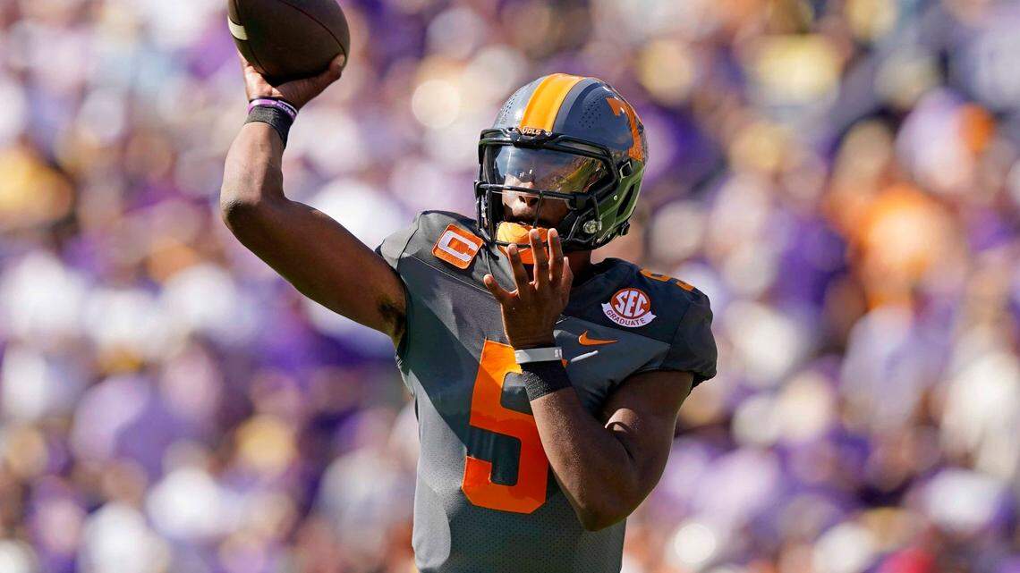 Tennessee quarterback Hendon Hooker (5) passes in the first half of an NCAA college football game against LSU in Baton Rouge, La., Saturday, Oct. 8, 2022. (AP Photo/Gerald Herbert)