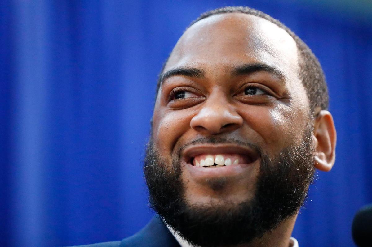 Former state Rep. Charles Booker announces his run for the U.S. Senate at the Kentucky Center for African American Heritage in Louisville, Ky., Thursday, July 1, 2021.