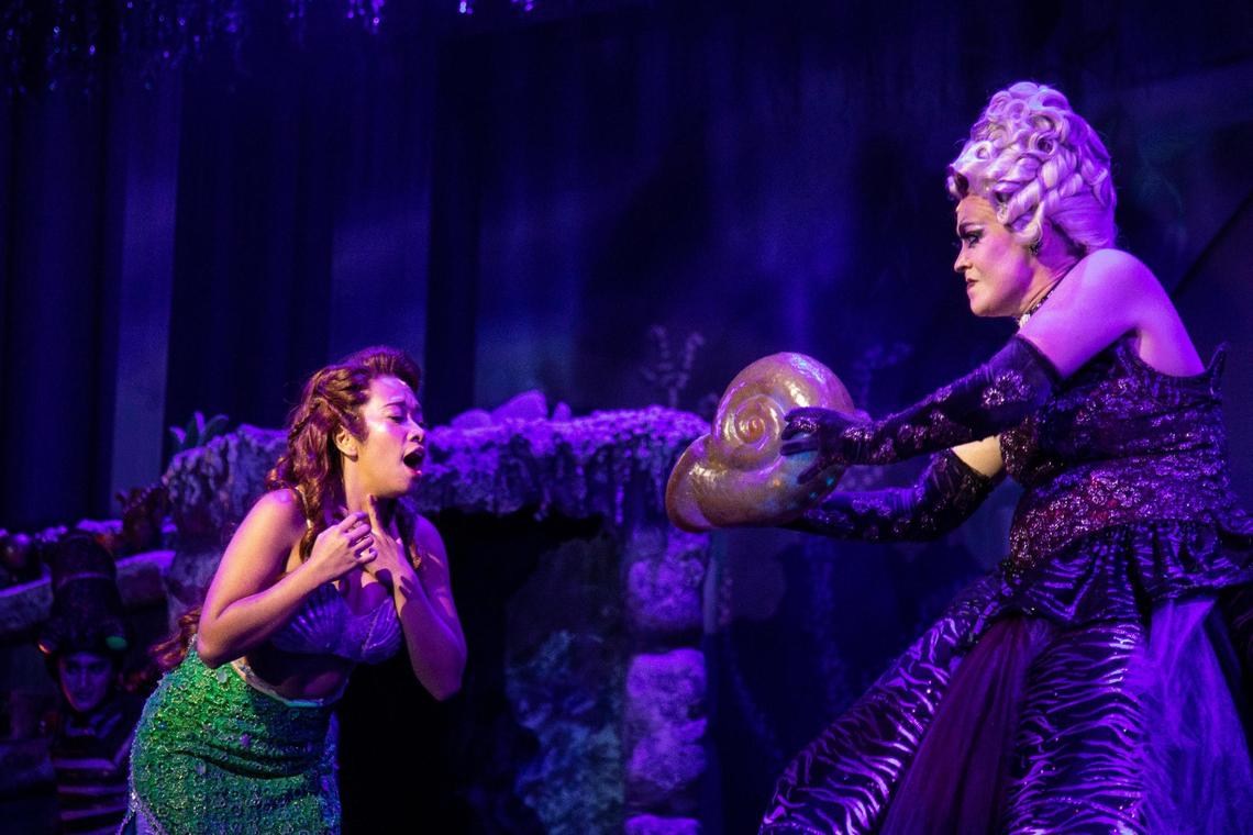 Teah M. Renzi (left) practices scenes as Ariel with Emily Cramer (right) as Ursula with the Lexington Theatre Company’s production of “The Little Mermaid” at the Lexington Opera House in Lexington, Ky., Tuesday, July 12, 2022. Director Lyndy Franklin Smith and her husband Jeromy Smith are both Broadway veterans bringing their experience back to Lexington with the Lexington Theatre Company. Linda Franklin Smith was in “The Little Mermaid” on Broadway from January 2008 to August 2009.