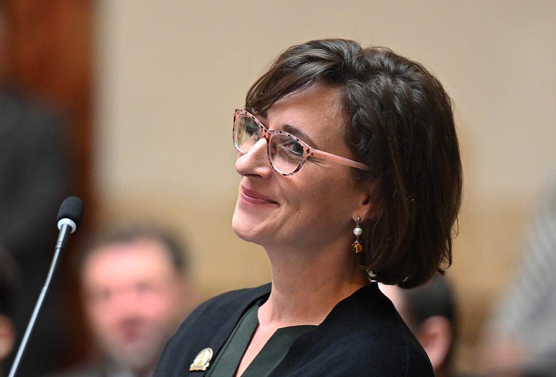 FRANKFORT, March 1 – Sen. Lindsey Tichenor, R-Smithfield, smiles after Senate Bill 110 related to nursing passed on the Senate floor.