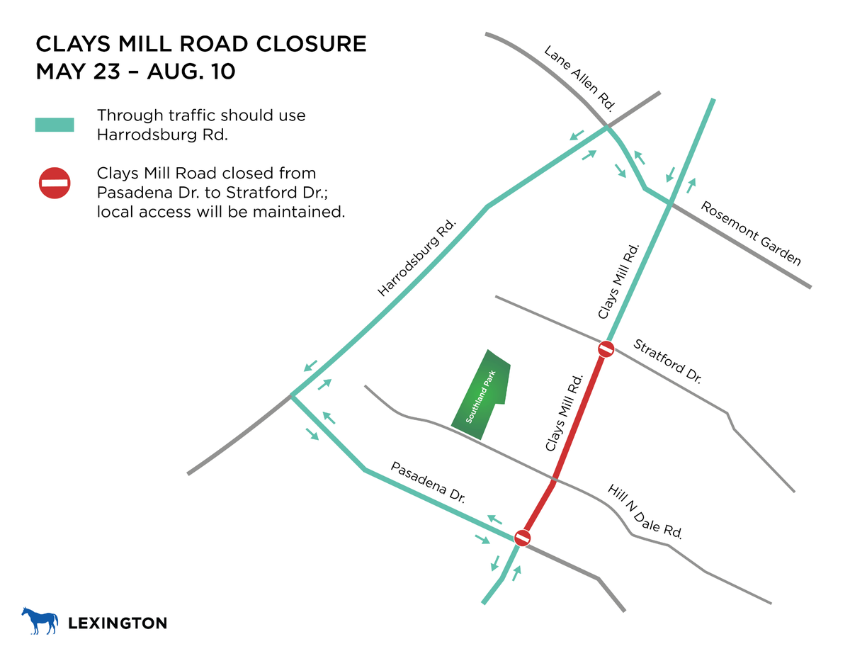 Clays Mill Road will be closed to through traffic between Stratford Drive and Pasadena Drive from May 23 to Aug. 10.