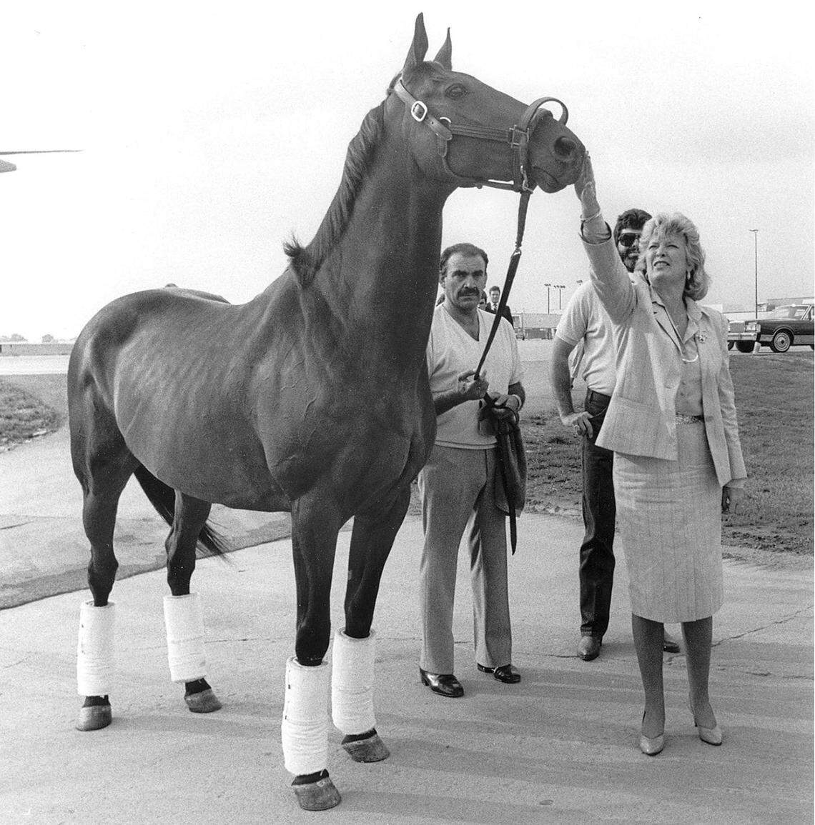 Kentucky Governor Martha Layne Collins gives John Henry a rub on the head after the famous Thoroughbred race horse arrived in Lexington Aug. 26, 1985 at Blue Grass Field, now called Blue Grass Airport. The two-time Eclipse Horse of the Year winner was coming home to Lexington for his retirement at the Kentucky Horse Park. John Henry, a 10-year old gelding at the time of his retirement, was taken to the Horse Park where waiting there was a shiny, new stall made of oak and brass in a barn named aptly enough "The Hall of Champions." John Henry, the oldest horse to win a Grade 1 race - at age 9 - lived out his retirement for 22 years at the Horse Park. He was burried in front of the Hall of Champions at a spot in front of his paddock. Photo by Frank Anderson | Staff