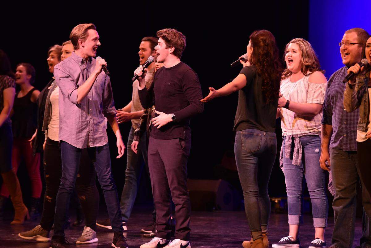 Colton Ryan, center, and the company perform “You Will Be Found” from “Dear Evan Hansen during The Lexington Theatre Company’s fourth annual “Concert with the Stars” last year at the Lexington Opera House.