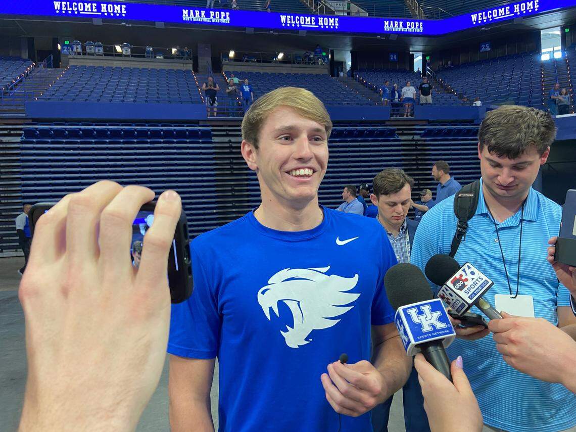 Class of 2024 Kentucky men’s basketball signee Travis Perry speaks to reporters following an introduction ceremony for new UK basketball coach Mark Pope on Sunday, April 14, at Rupp Arena.