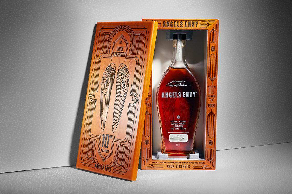 The 2021 version is the 10th Angel’s Envy Cask Strength. And it comes in a commemorative wood box.