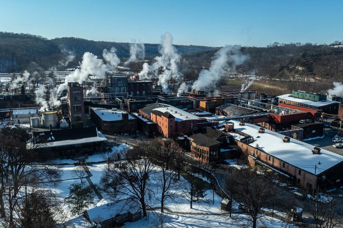 The Buffalo Trace Distillery in Frankfort, Ky., is photographed Wednesday, Jan. 15, 2025. The historic Elmer T. Lee Clubhouse,where the new cafe will open, is on the left.  
