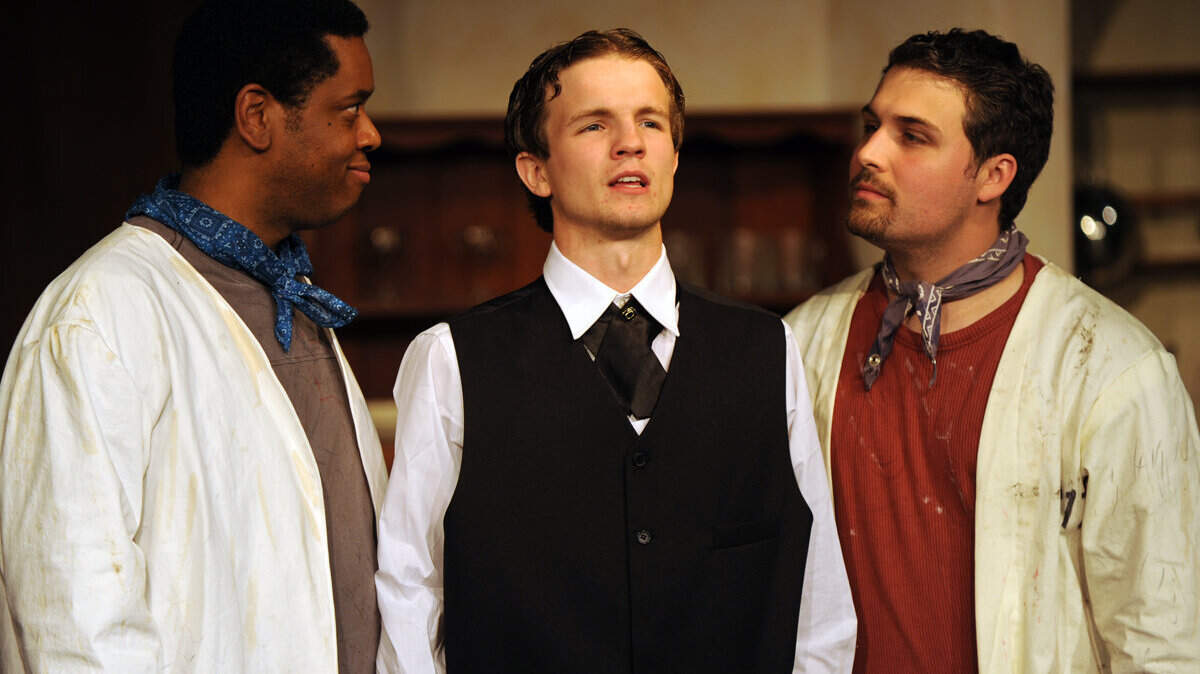 Spencer McGuire as Alfred, Brent White as Paul and Evan Sullivan as Jules in Studio Players production of My Three Angels, which runs Nov. 8 to 25 at Studio Player's Carriage House Theatre on Bell Court.