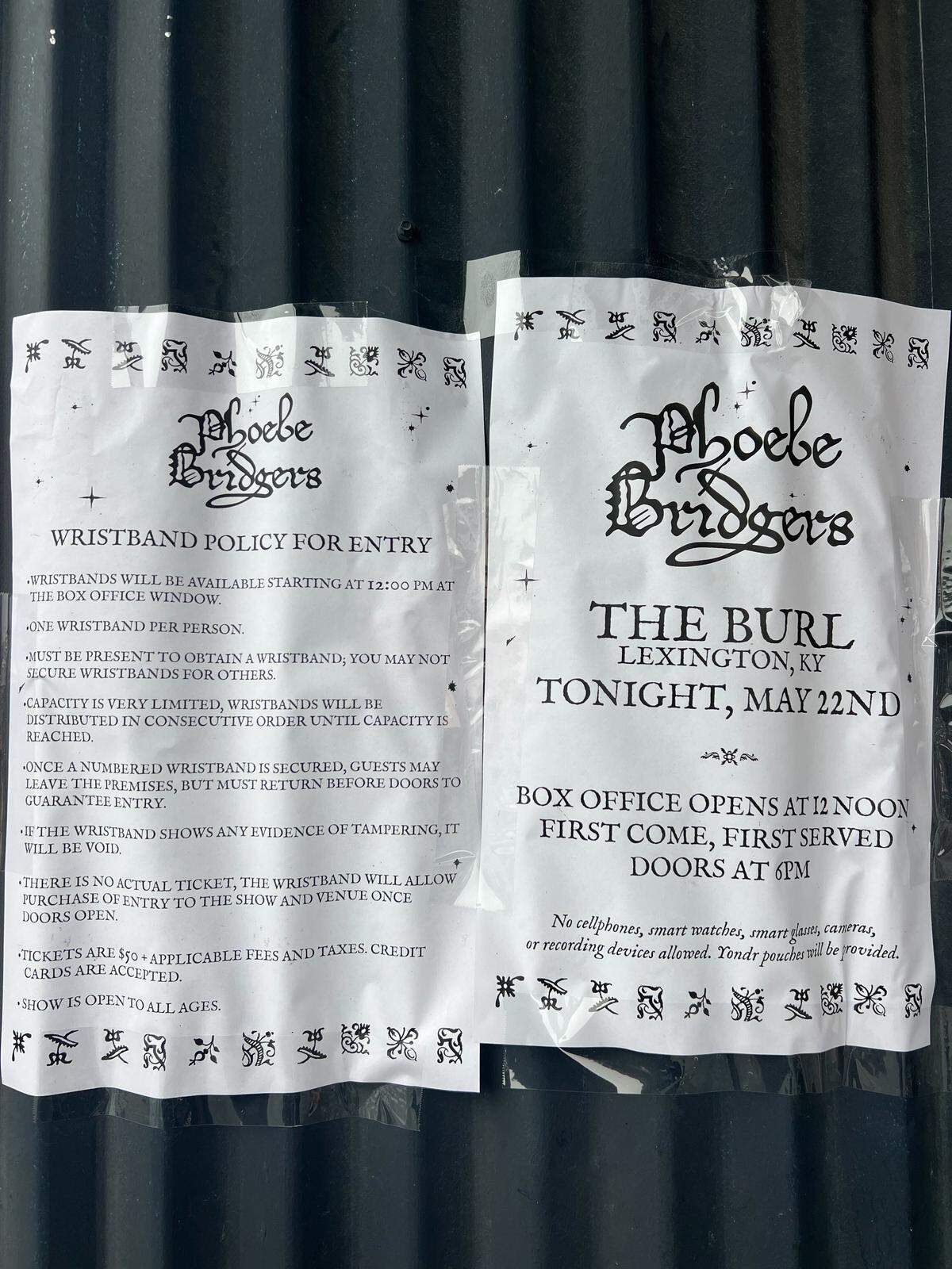 Concert information and policies for the Phoebe Bridgers pop-up concert at The Burl on Friday, May 22, 2026.