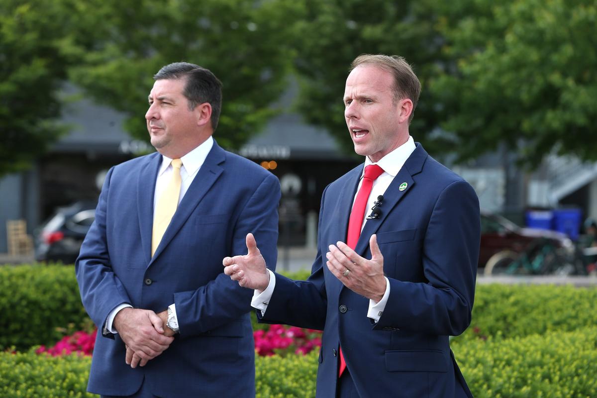 Republican gubernatorial candidate Robert Goforth, a state representative from East Bernstadt, discussed his campaign against incumbent Gov. Matt Bevin with running mate Mike Hogan, left, at Thoroughbred Park in Lexington.