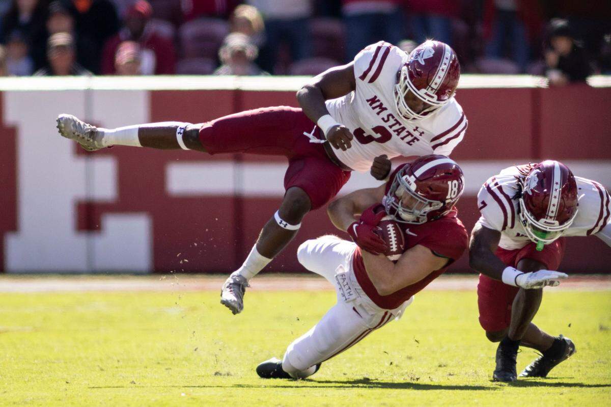 New Mexico State linebacker Chris Ojoh (3) had 13 tackles, three tackles for loss, a quarterback sack and a forced fumble last week in the Aggies’ 59-3 loss to Alabama.