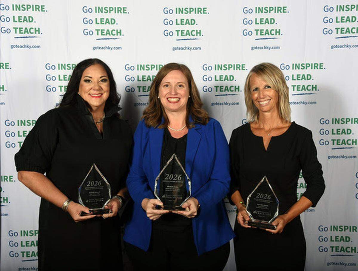 Melanie Howard, left, a special education teacher at Corbin Primary School, was a finalist for the 2026 Kentucky Teacher of the Year. She’s pictured with Kentucky Teacher of the Year Michelle Gross, center, a math teacher at Spencer County Middle School, and Kara Byrn Dowdy, an English teacher at Mayfield High School, who was also a finalist for the honor.