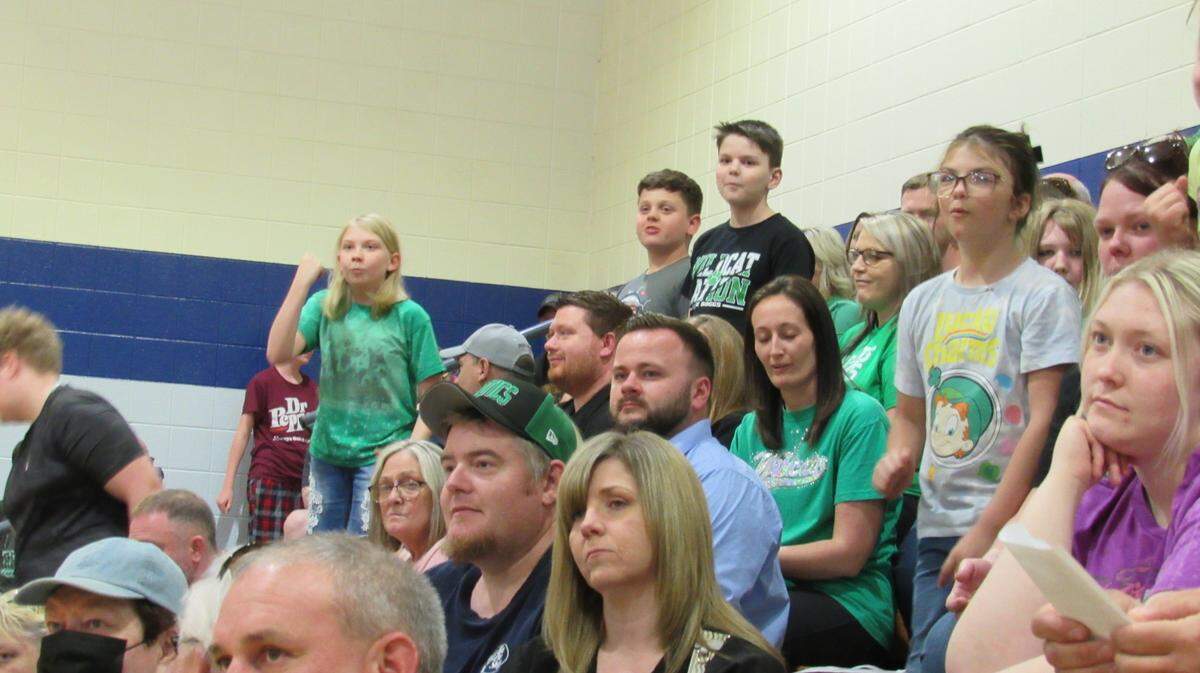Students and parents from Arlie Boggs Elementary School in Letcher County attended a county school board meeting on April 28, 2025.