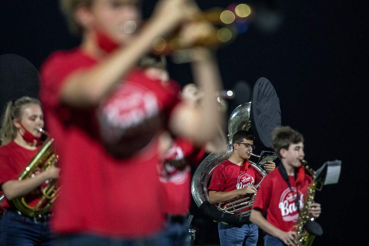 Some members of the Scott County band had covers over their instruments to protect against spreading the coronavirus as they performed at halftime.